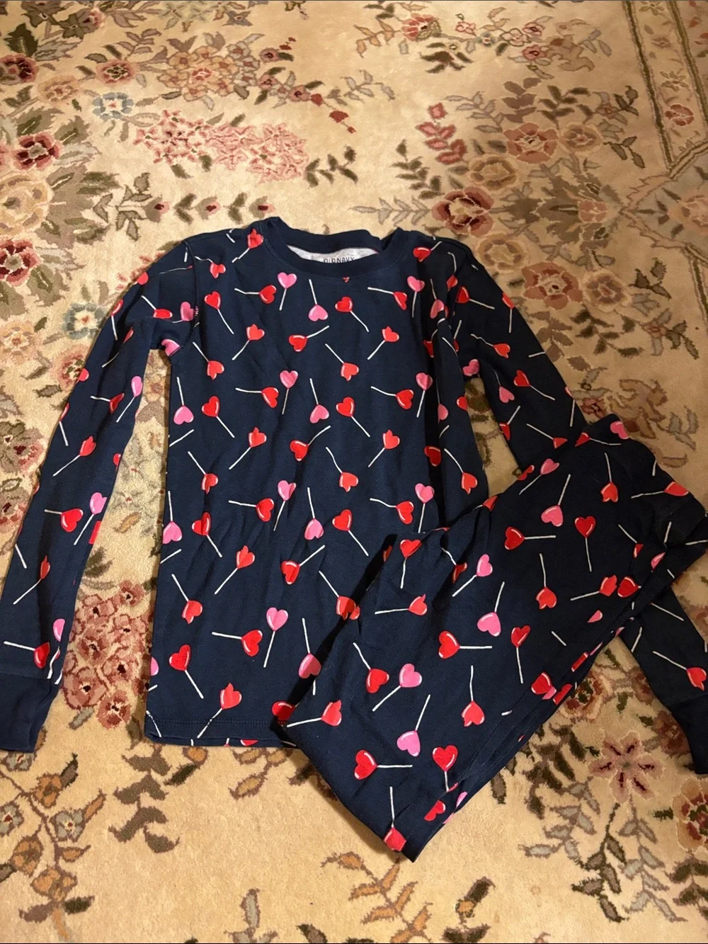 Old Navy Navy Pajama Set with Red and Pink Heart Lollipops